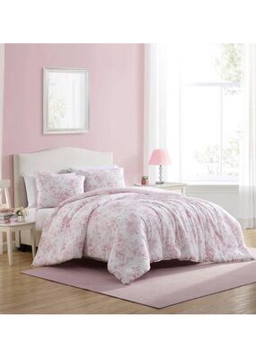 Laura Ashley 3pc King Delphine Comforter Bedding Set Pink matching storage bag